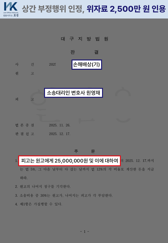 상간 부정행위 인정, 위자료 2,500만 원 인용 상간손해배상 일부승소 사례