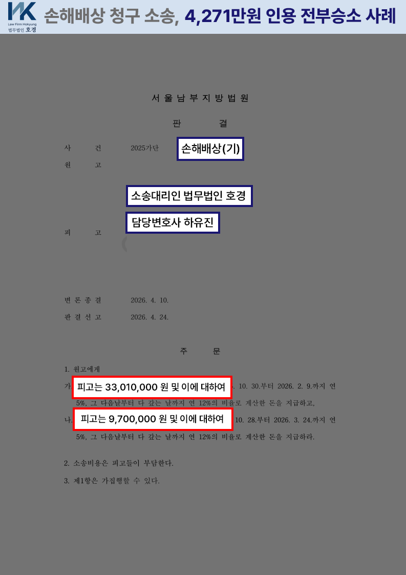 손해배상 책임 인정되어 4,271만원 전액 지급 판결된 사건